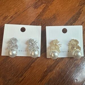 Non Tarnishing Elegant Silver and Gold Dinosaur Pearl Earrings 2 Pairs NWT